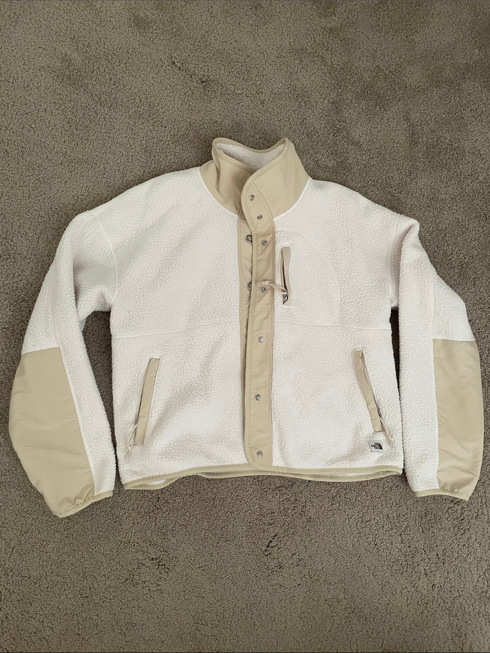 The North Face Women's Cream Sherpa Jacket with Tan Trim